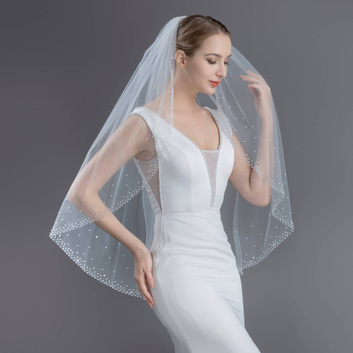 FS6253 Wide Faux Pearls Edge Bridal Veil 36" 45" 108" 120"