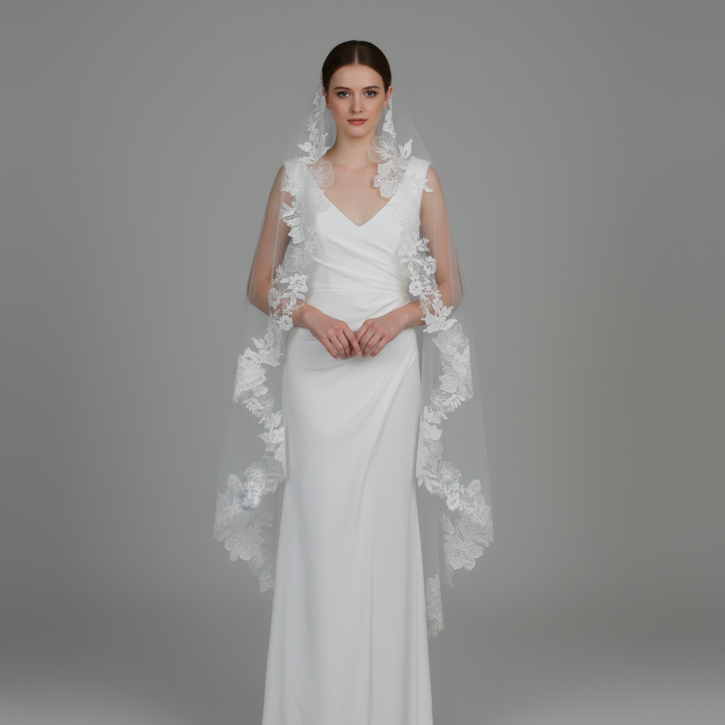 Mantilla Floral Vine Embroidered Wedding Veil with Rhinestones