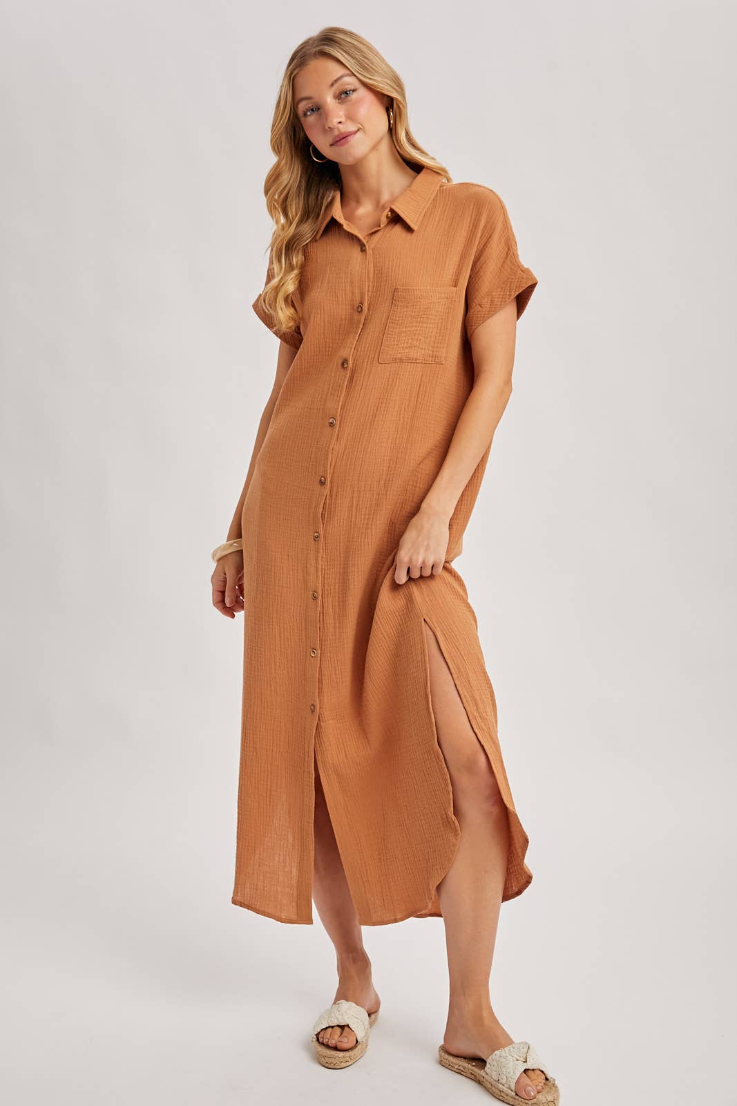 BUTTON UP MAXI SHIRT DRESS WITH POCKET