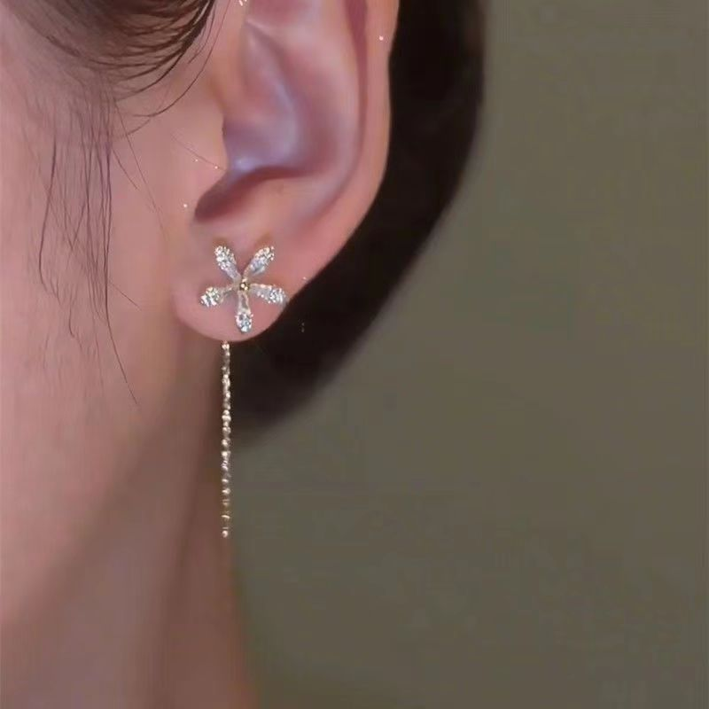 Dainty Flower Drop Threader Earrings in 925 Sterling Silver