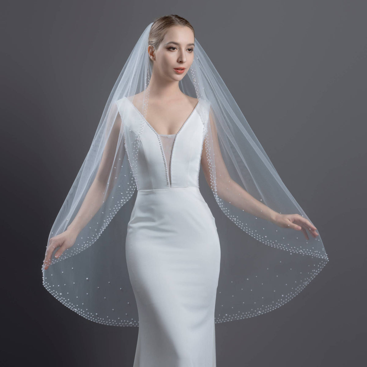 FS6253 Wide Faux Pearls Edge Bridal Veil 36" 45" 108" 120"