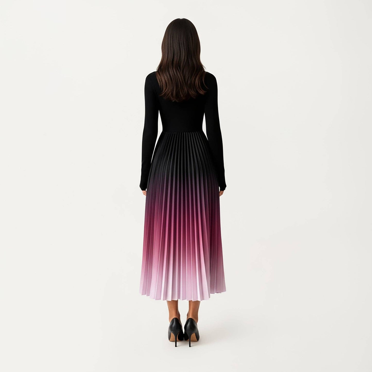 Long Sleeve Pleated Maxi Dress with Gradient Ombre Skirt and