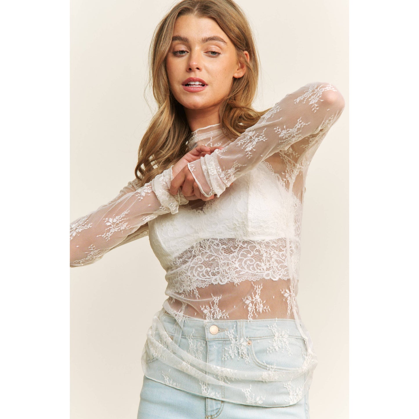 MESH LACE HIGH NECK DESIGN LONG SLEEVE FITTED TOP