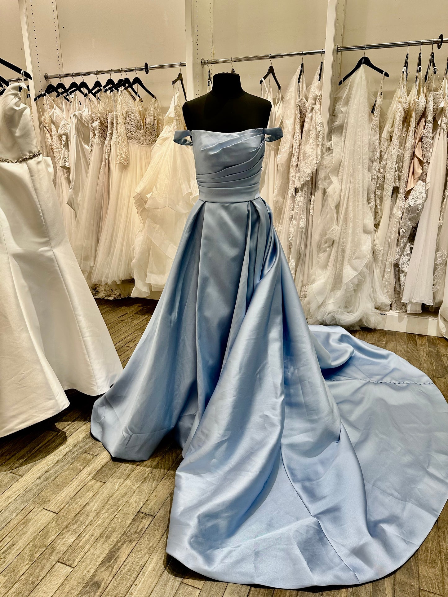 T125 Light Blue Mikado Floral Off Shoulder A-Line Wedding Dress with Box Pleats