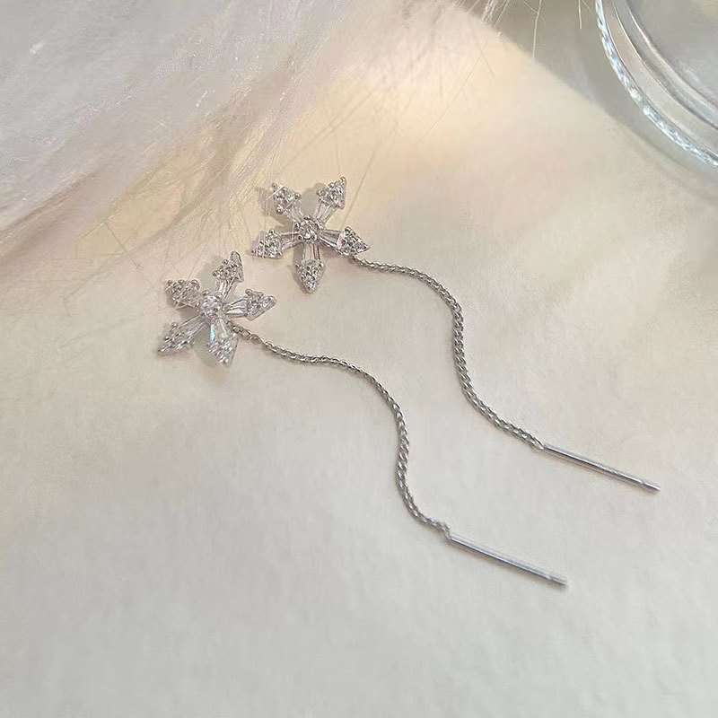 Dainty Flower Drop Threader Earrings in 925 Sterling Silver