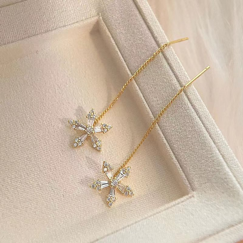 Dainty Flower Drop Threader Earrings in 925 Sterling Silver