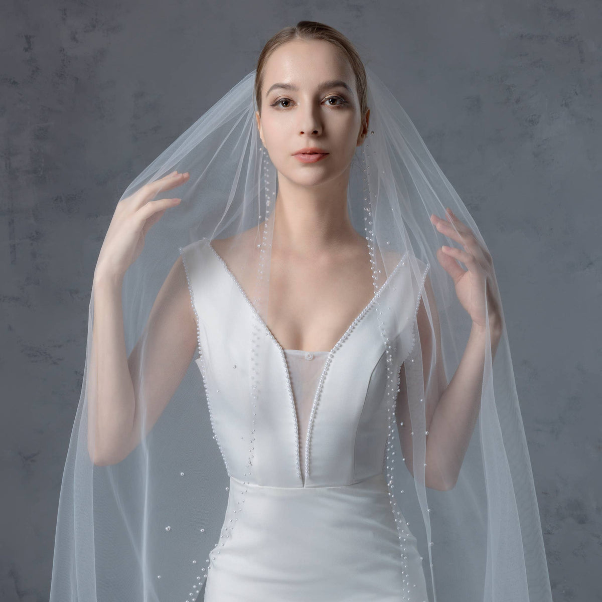 FS6253 Wide Faux Pearls Edge Bridal Veil 36" 45" 108" 120"