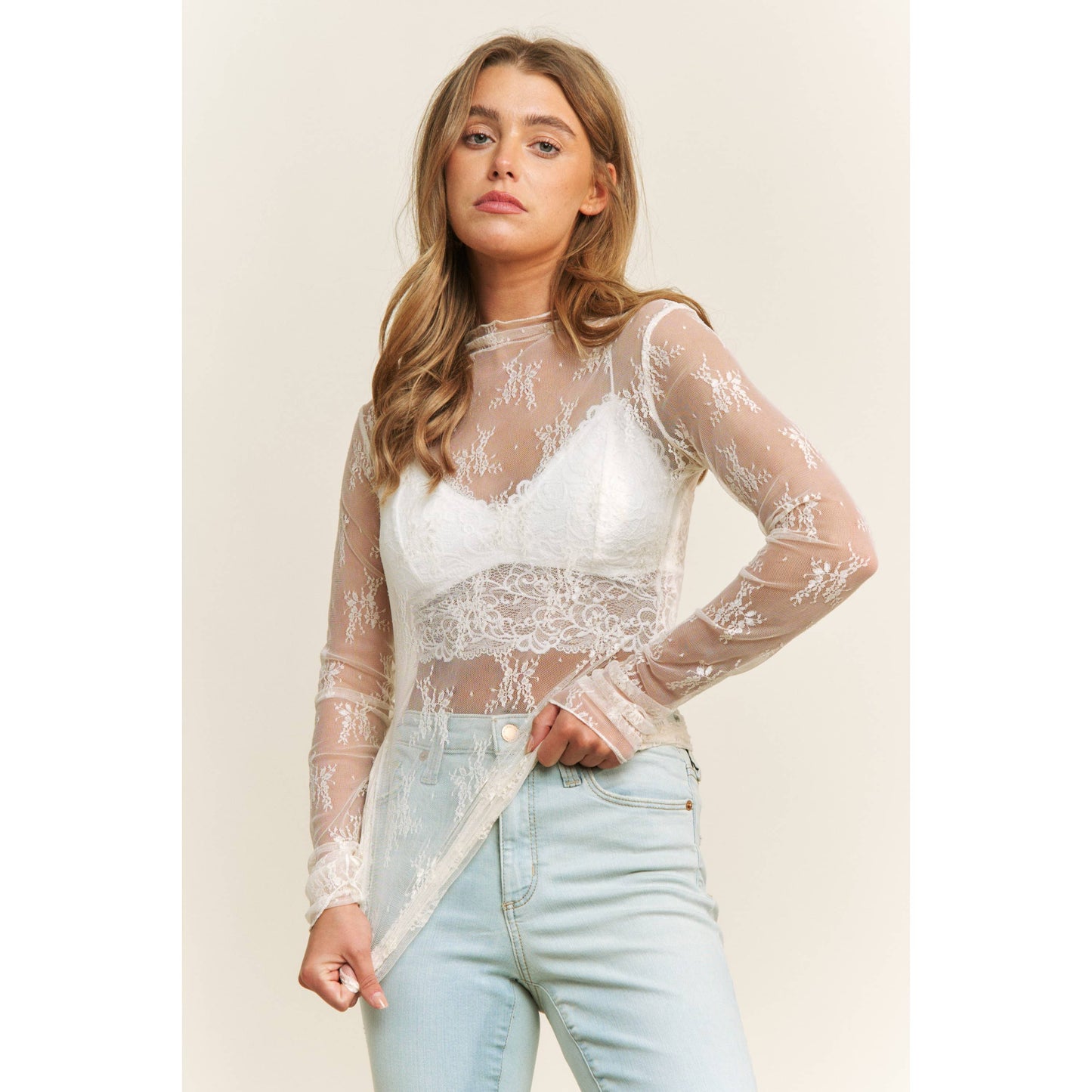 MESH LACE HIGH NECK DESIGN LONG SLEEVE FITTED TOP