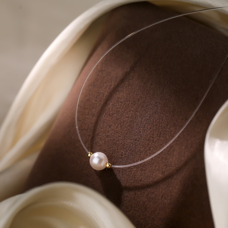 Invisible Wire Pearl Choker Necklace in 925 Sterling Silver