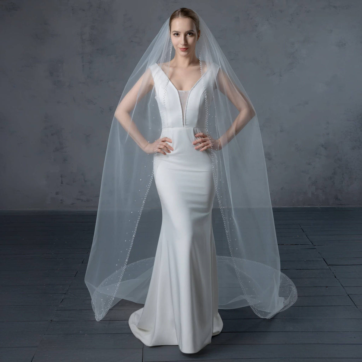 FS6253 Wide Faux Pearls Edge Bridal Veil 36" 45" 108" 120"