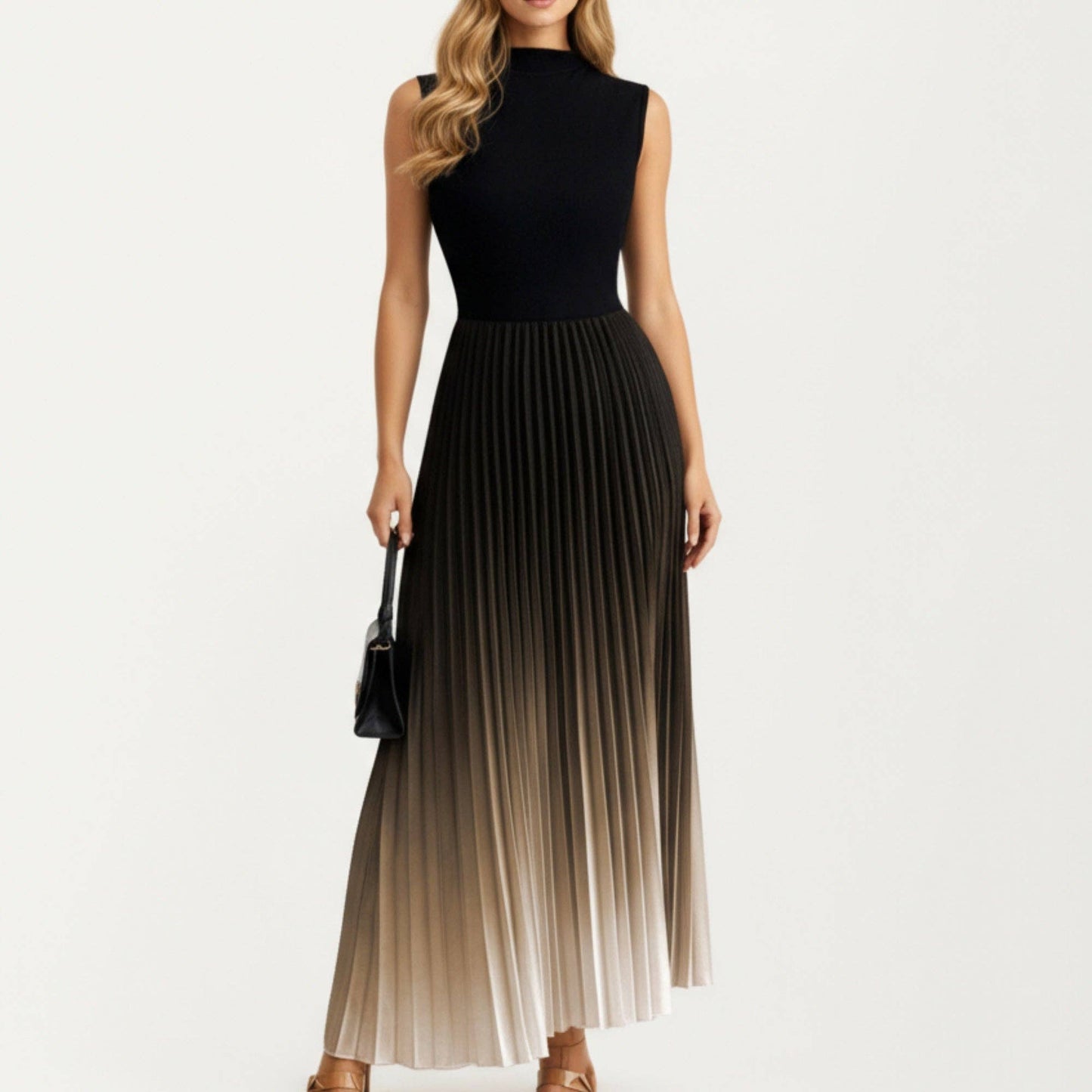 Sleeveless Mock Neck Pleated Maxi Dress with Gradient Ombre