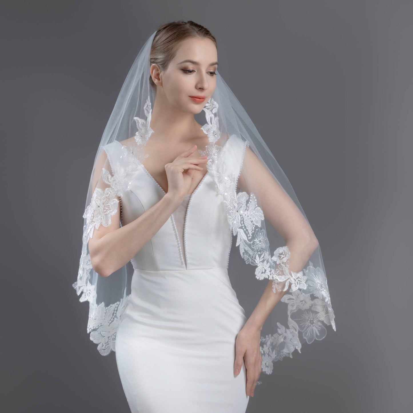 FS6231 Floral Embroidered Lace Bridal Veil