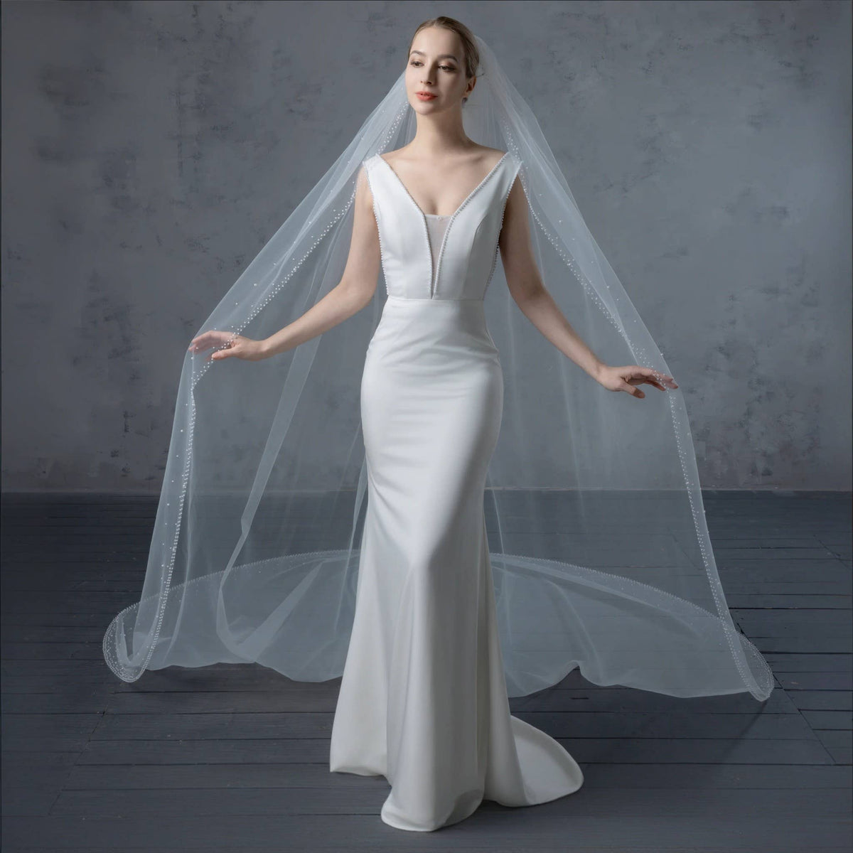 FS6253 Wide Faux Pearls Edge Bridal Veil 36" 45" 108" 120"