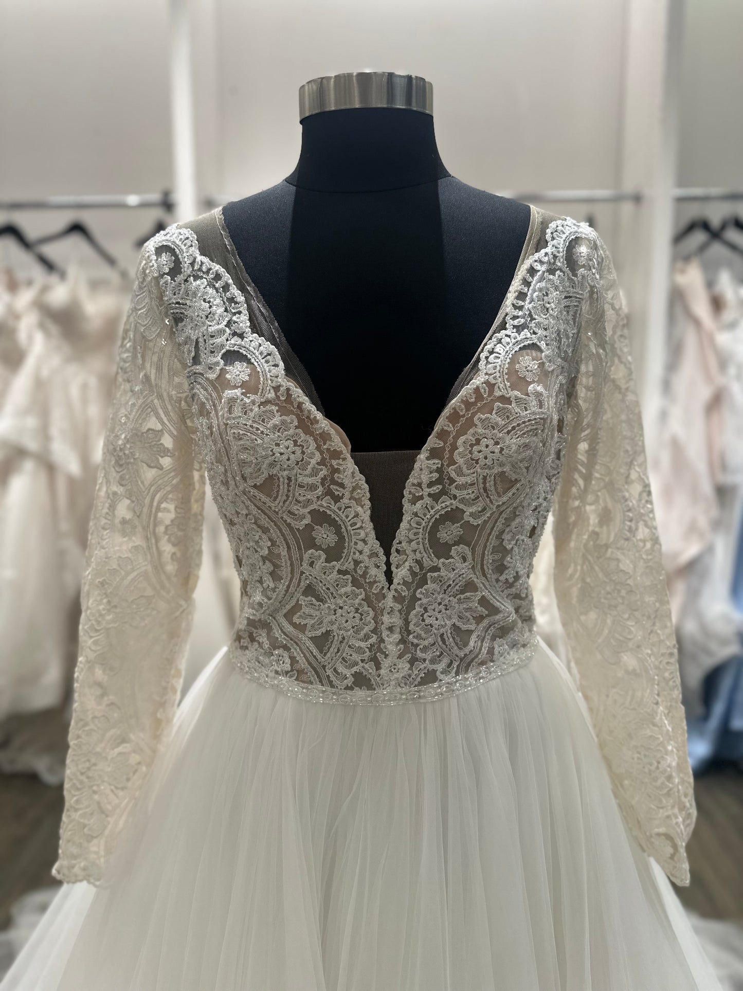 "Mallory Dawn" Long Sleeve Ballgown Illusion Buttons Wedding Dress by Maggie Sottero