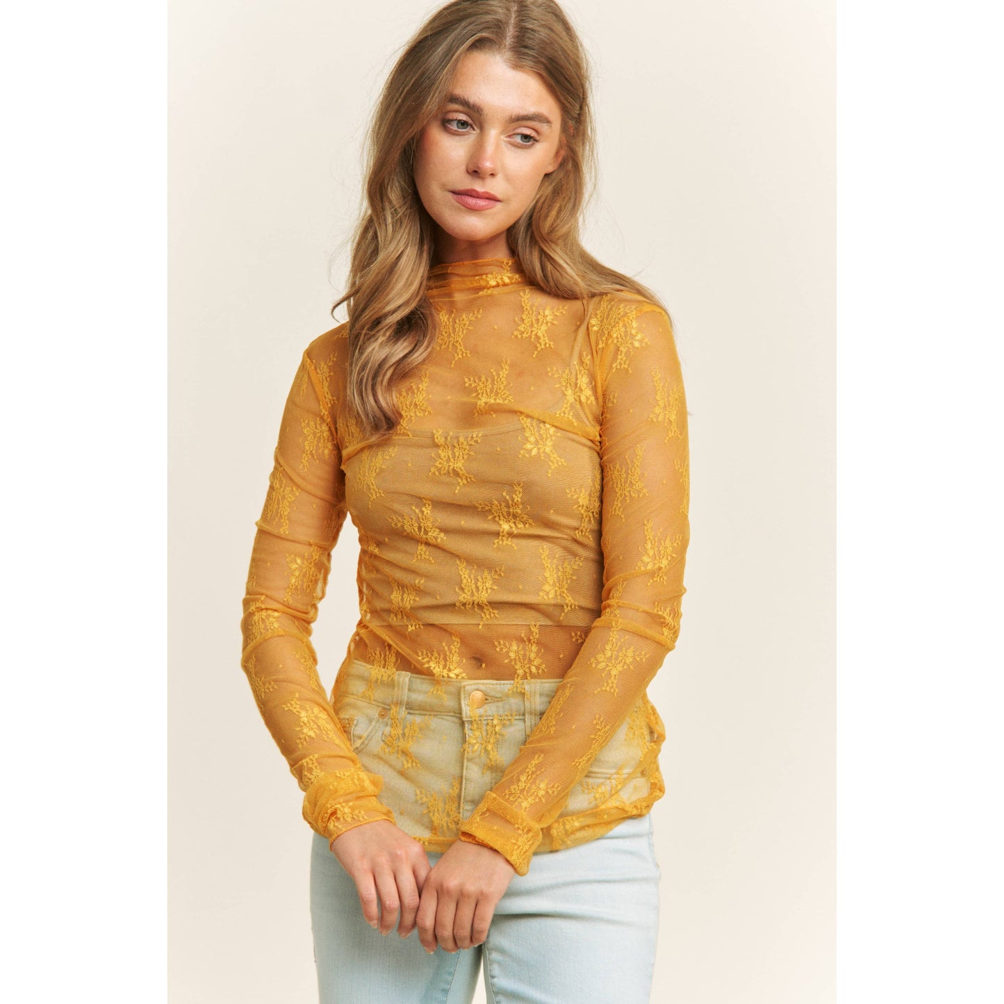 MESH LACE HIGH NECK DESIGN LONG SLEEVE FITTED TOP