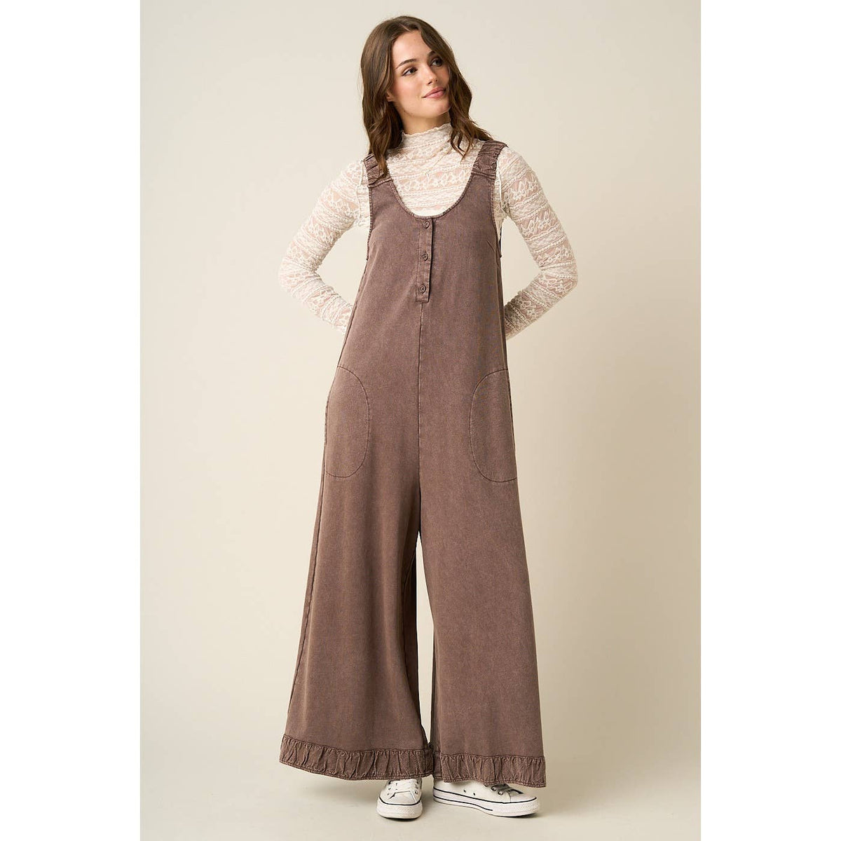 Mineral Wash Ruffle Hem Henley Jumpsuit