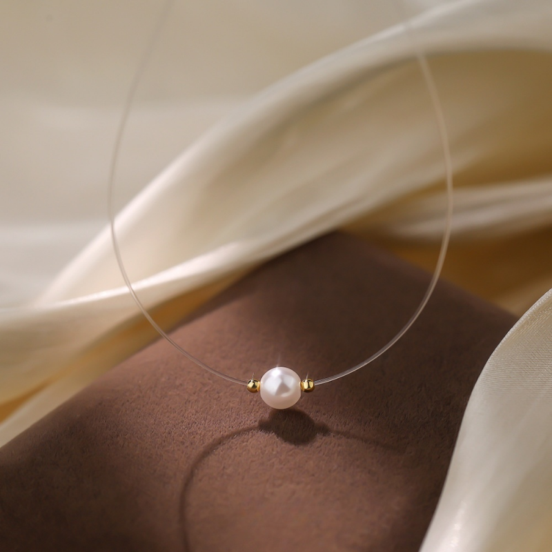 Invisible Wire Pearl Choker Necklace in 925 Sterling Silver