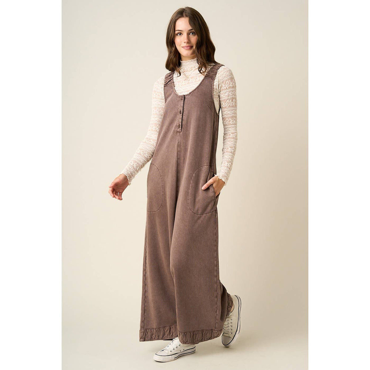 Mineral Wash Ruffle Hem Henley Jumpsuit