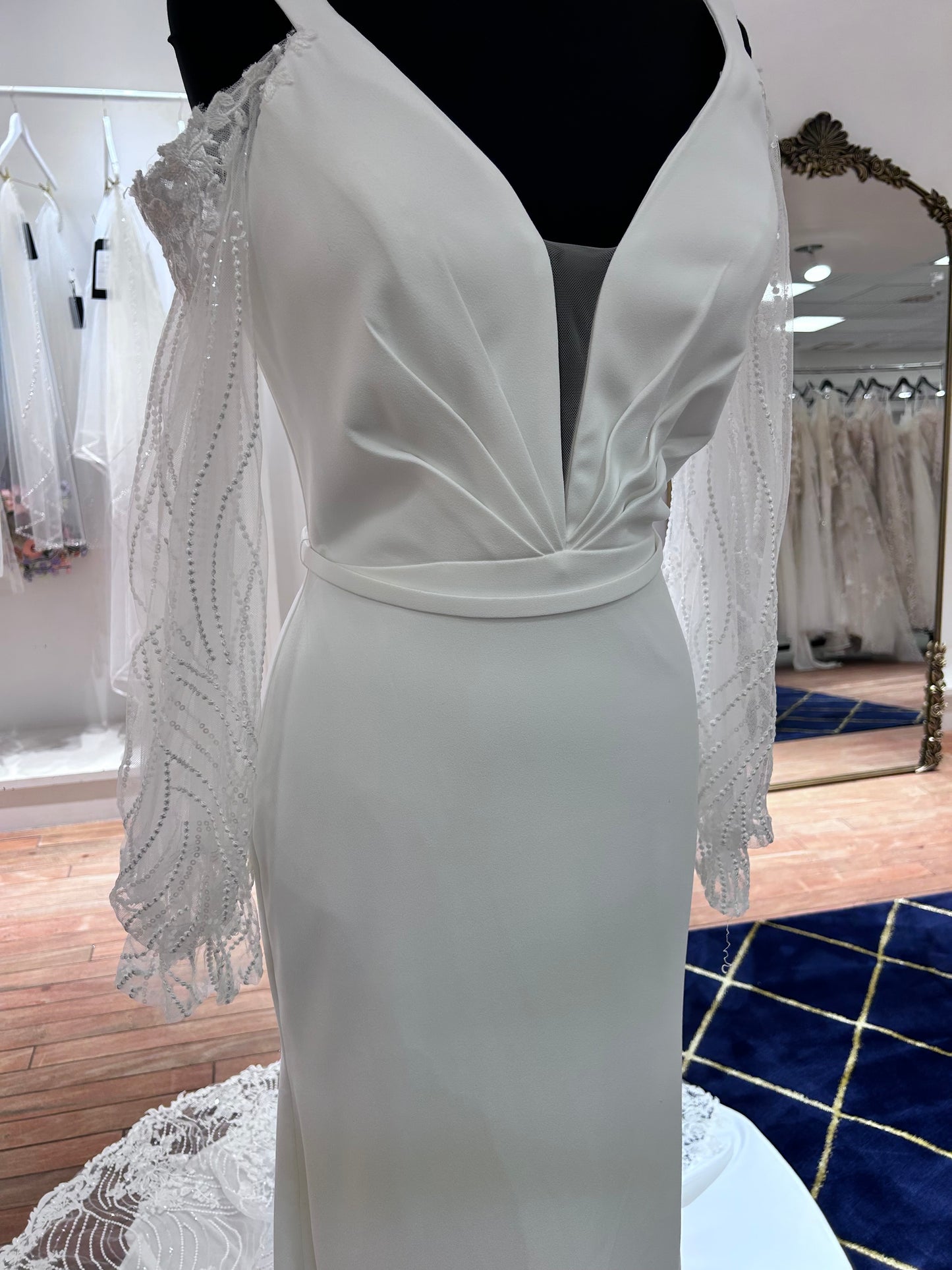 122180 Crepe Fit & Flare Off Shoulder Long Sleeve Wedding Dress by Enchanting for Mon Cheri