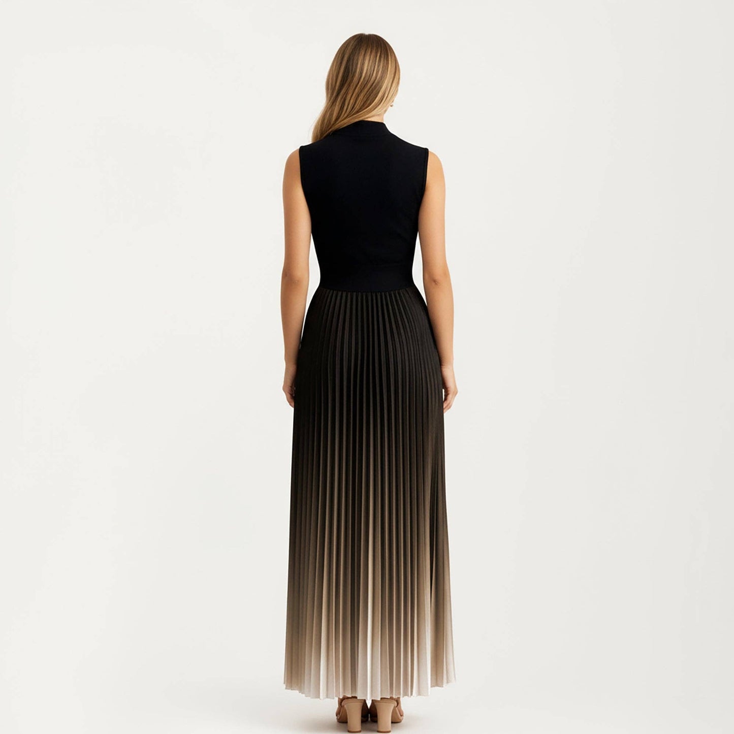 Sleeveless Mock Neck Pleated Maxi Dress with Gradient Ombre