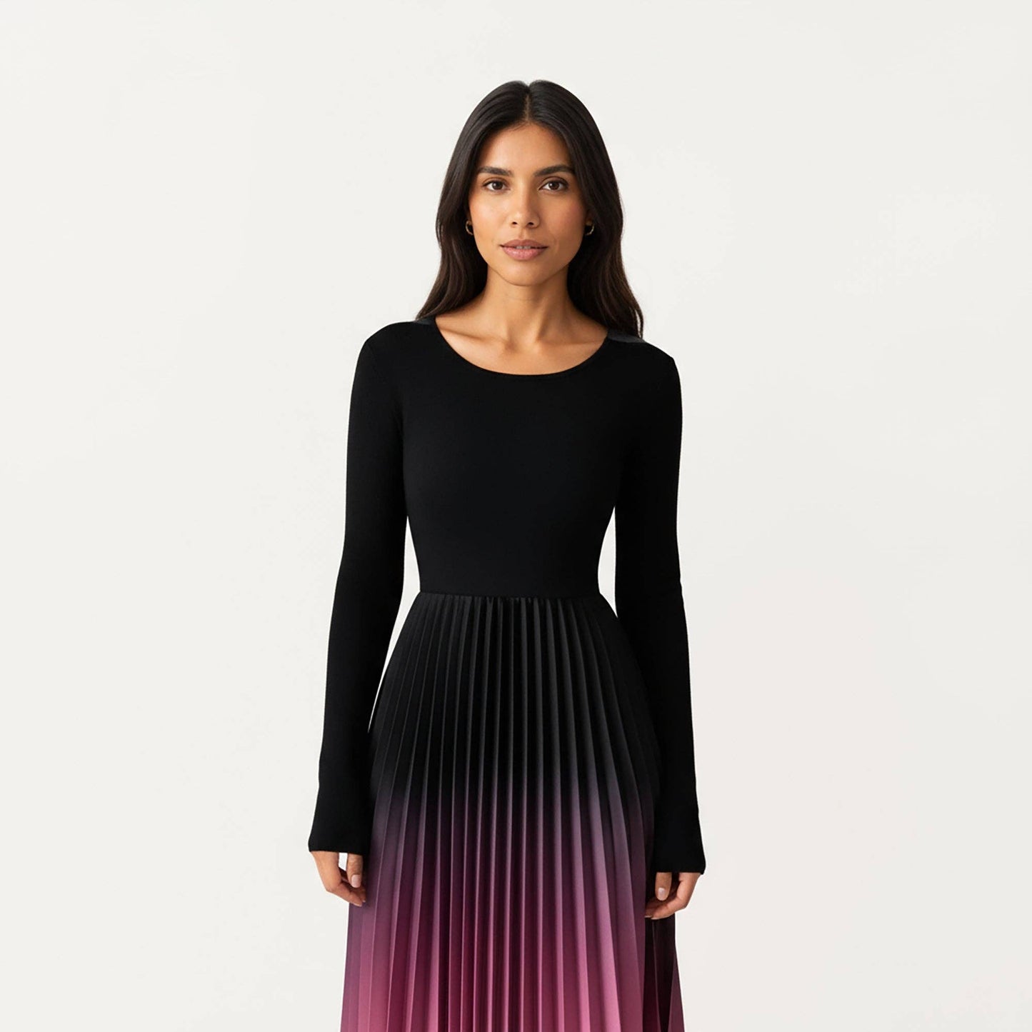 Long Sleeve Pleated Maxi Dress with Gradient Ombre Skirt and