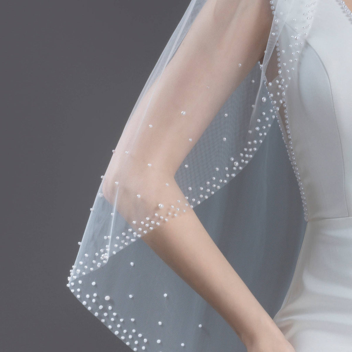 FS6253 Wide Faux Pearls Edge Bridal Veil 36" 45" 108" 120"