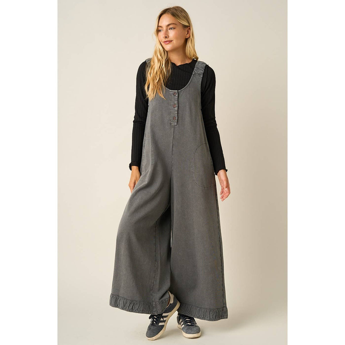 Mineral Wash Ruffle Hem Henley Jumpsuit