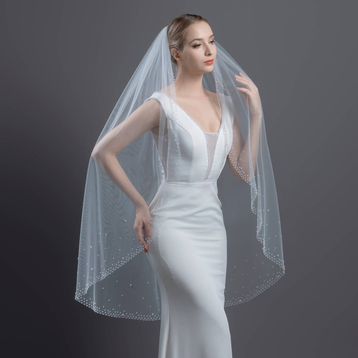 FS6253 Wide Faux Pearls Edge Bridal Veil 36" 45" 108" 120"