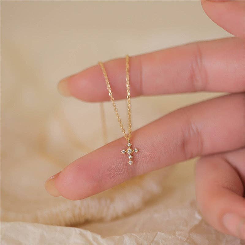 Tiny Small Gold Cross Charm Necklace in 925 Sterling Silver