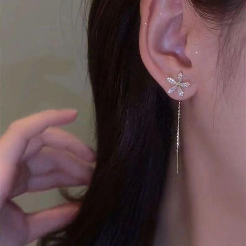 Dainty Flower Drop Threader Earrings in 925 Sterling Silver