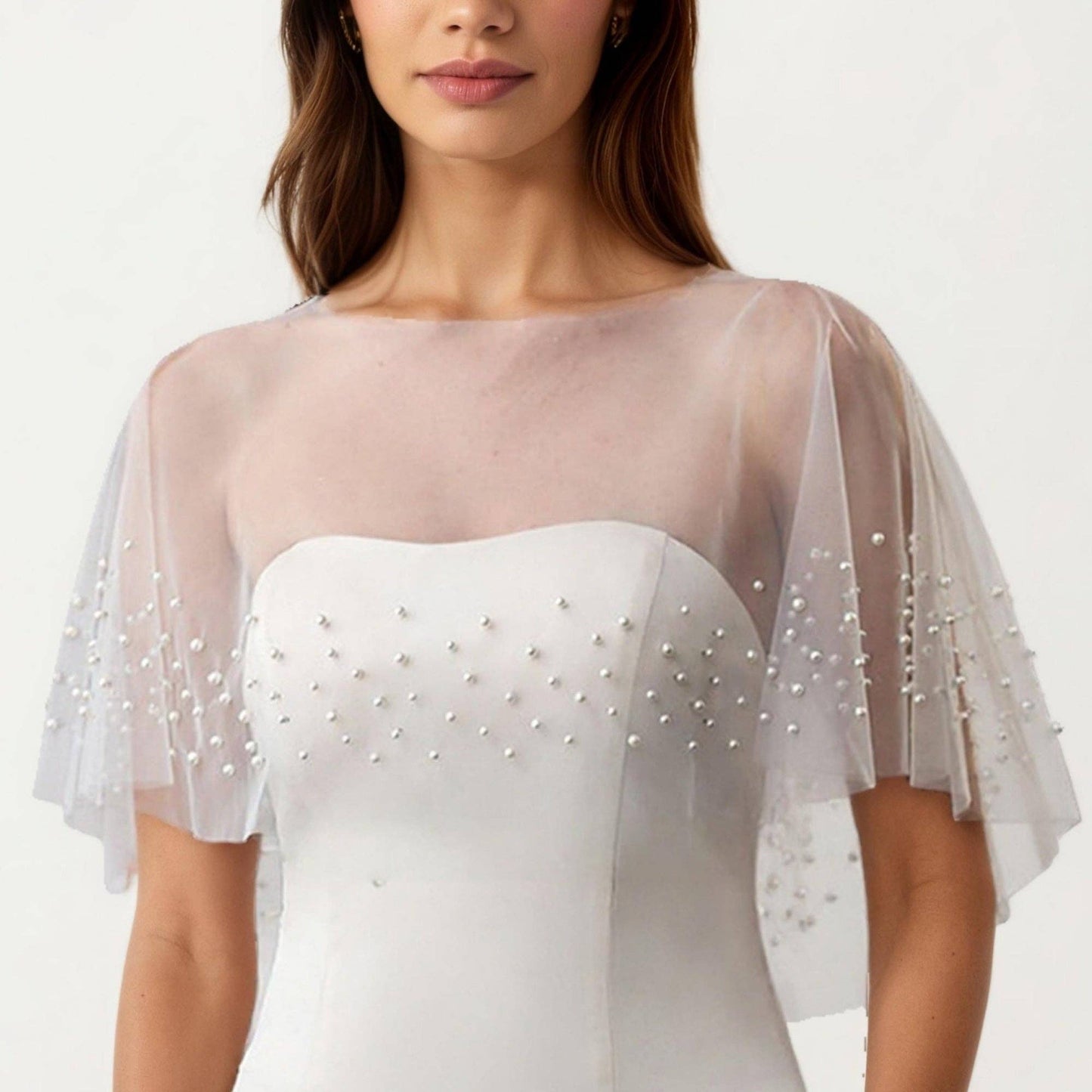 Sheer Pearl Embellished Capelet Shawl with Soft Tulle Fabric
