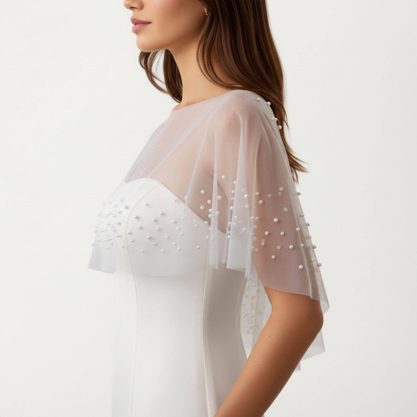 Sheer Pearl Embellished Capelet Shawl with Soft Tulle Fabric