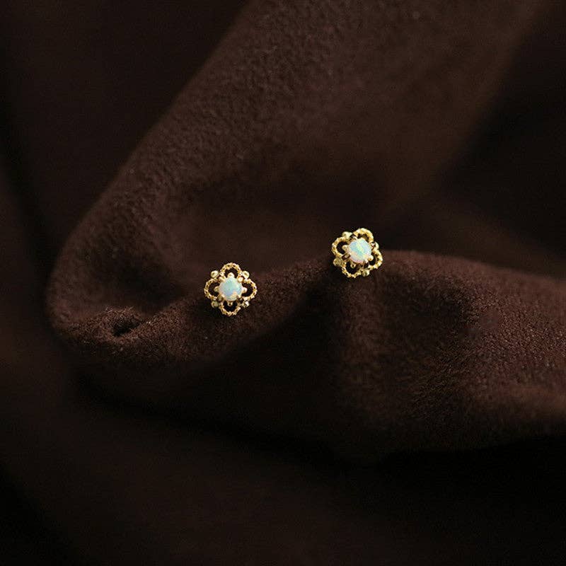 Dainty Opal Four Leaf Clover Earrings in 925 Sterling Silver