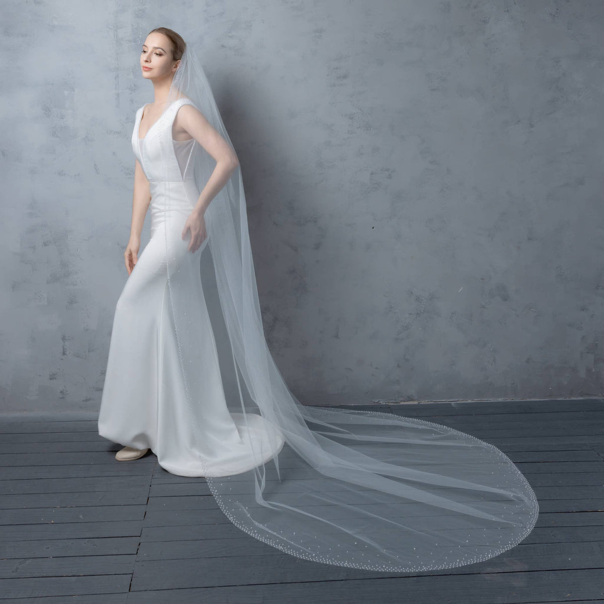 FS6253 Wide Faux Pearls Edge Bridal Veil 36" 45" 108" 120"