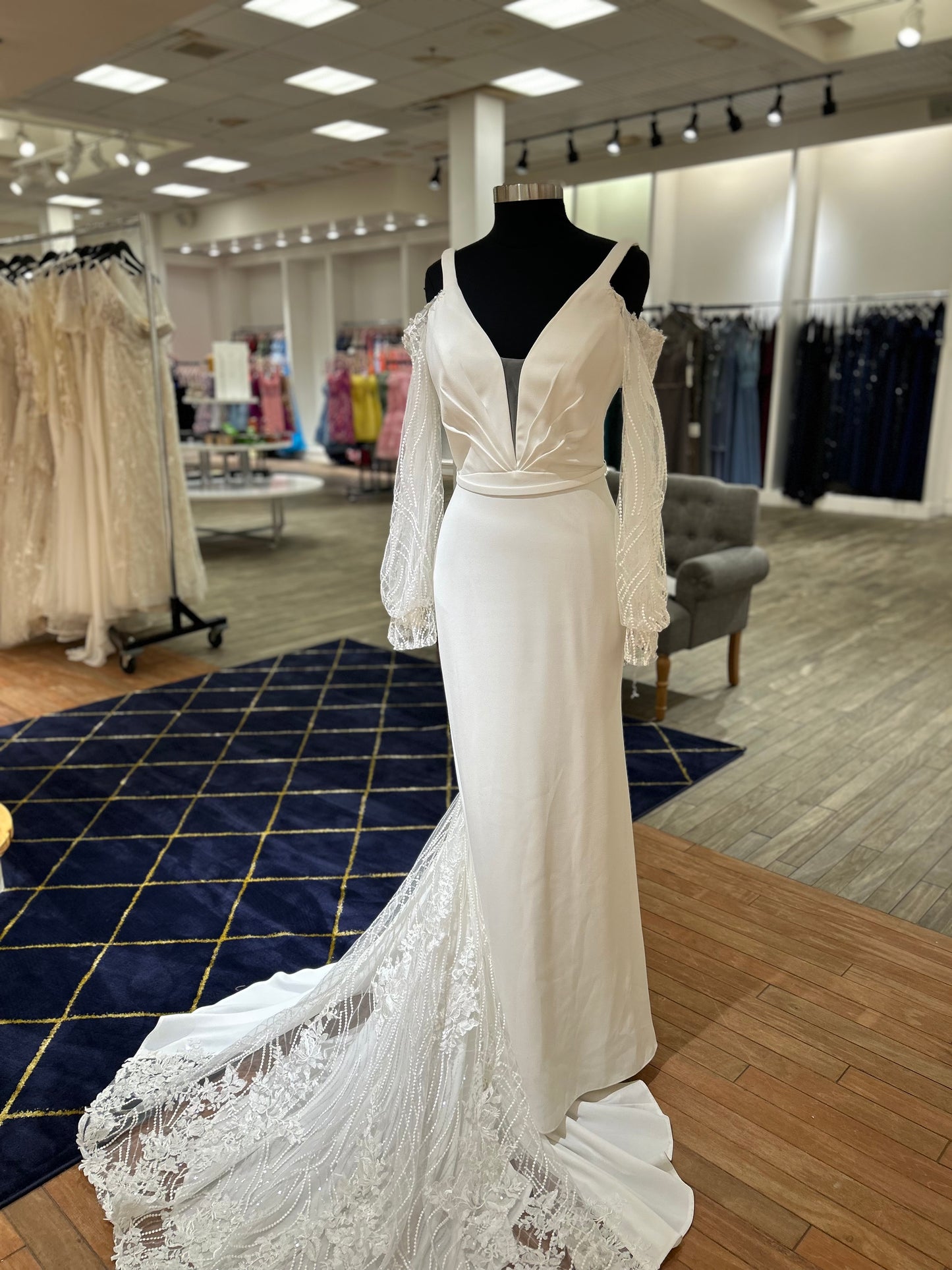 122180 Crepe Fit & Flare Off Shoulder Long Sleeve Wedding Dress by Enchanting for Mon Cheri