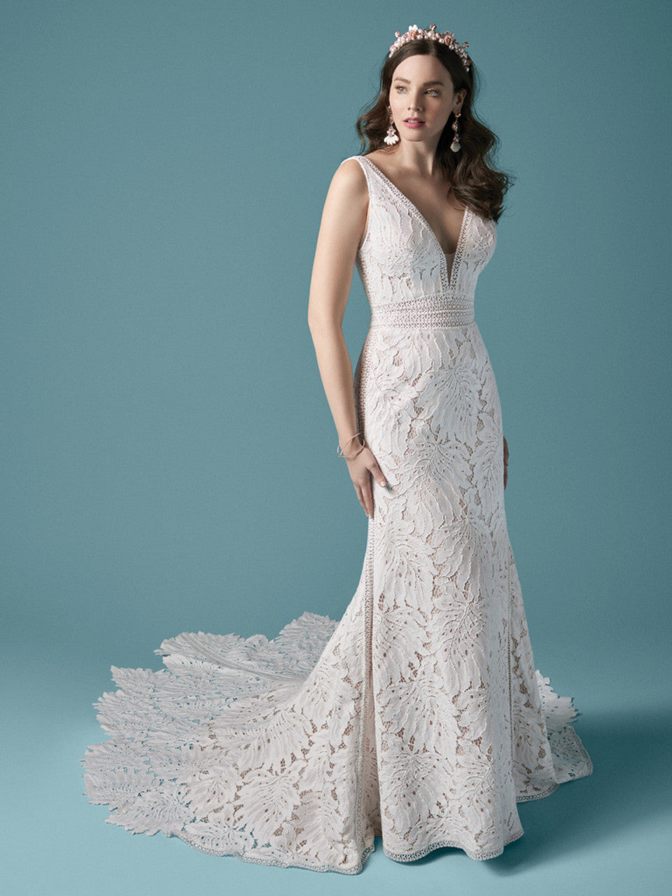 "Burke" Deep V Lace Boho Wedding Dress by Maggie Sottero