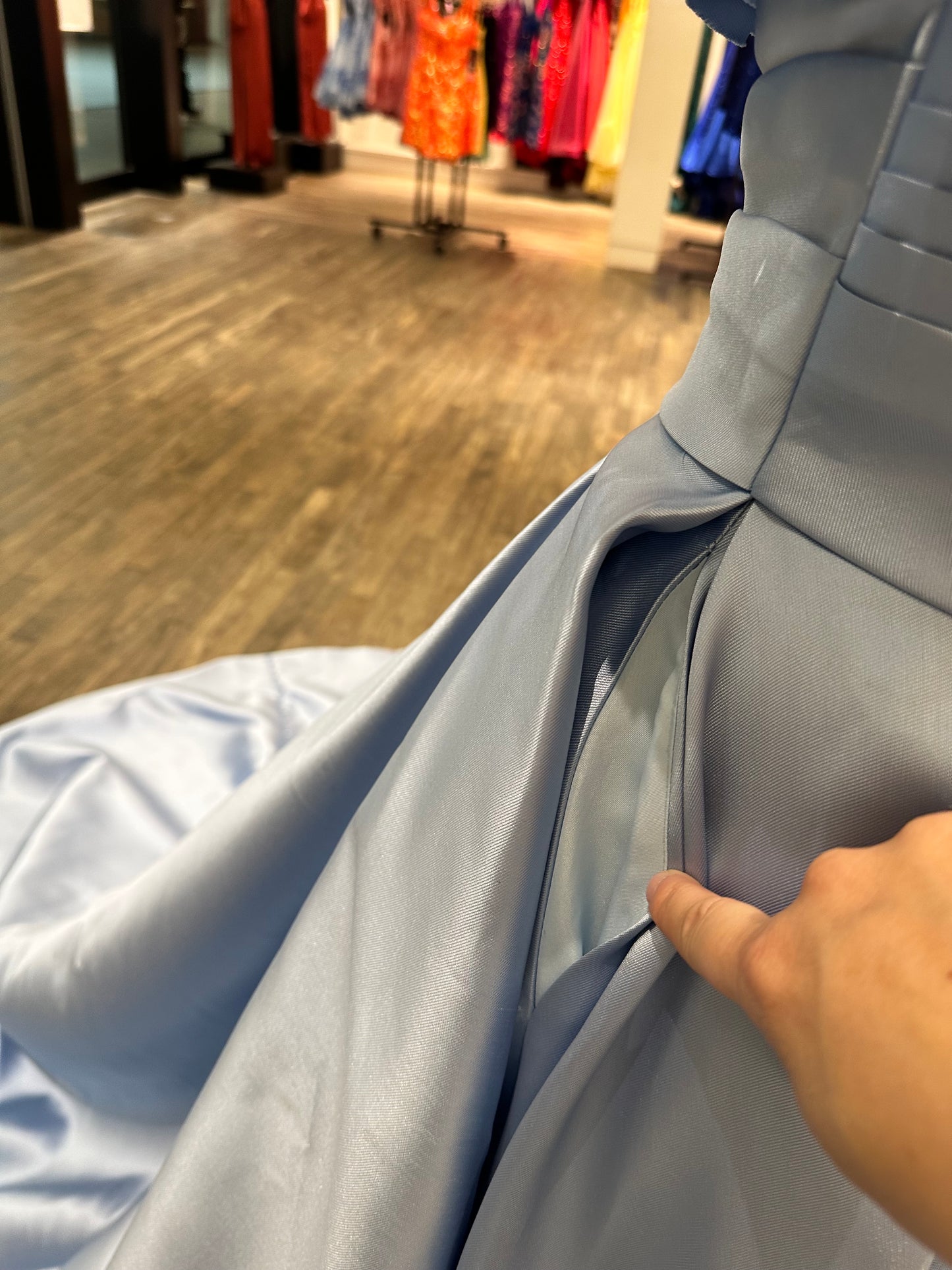 T125 Light Blue Mikado Floral Off Shoulder A-Line Wedding Dress with Box Pleats