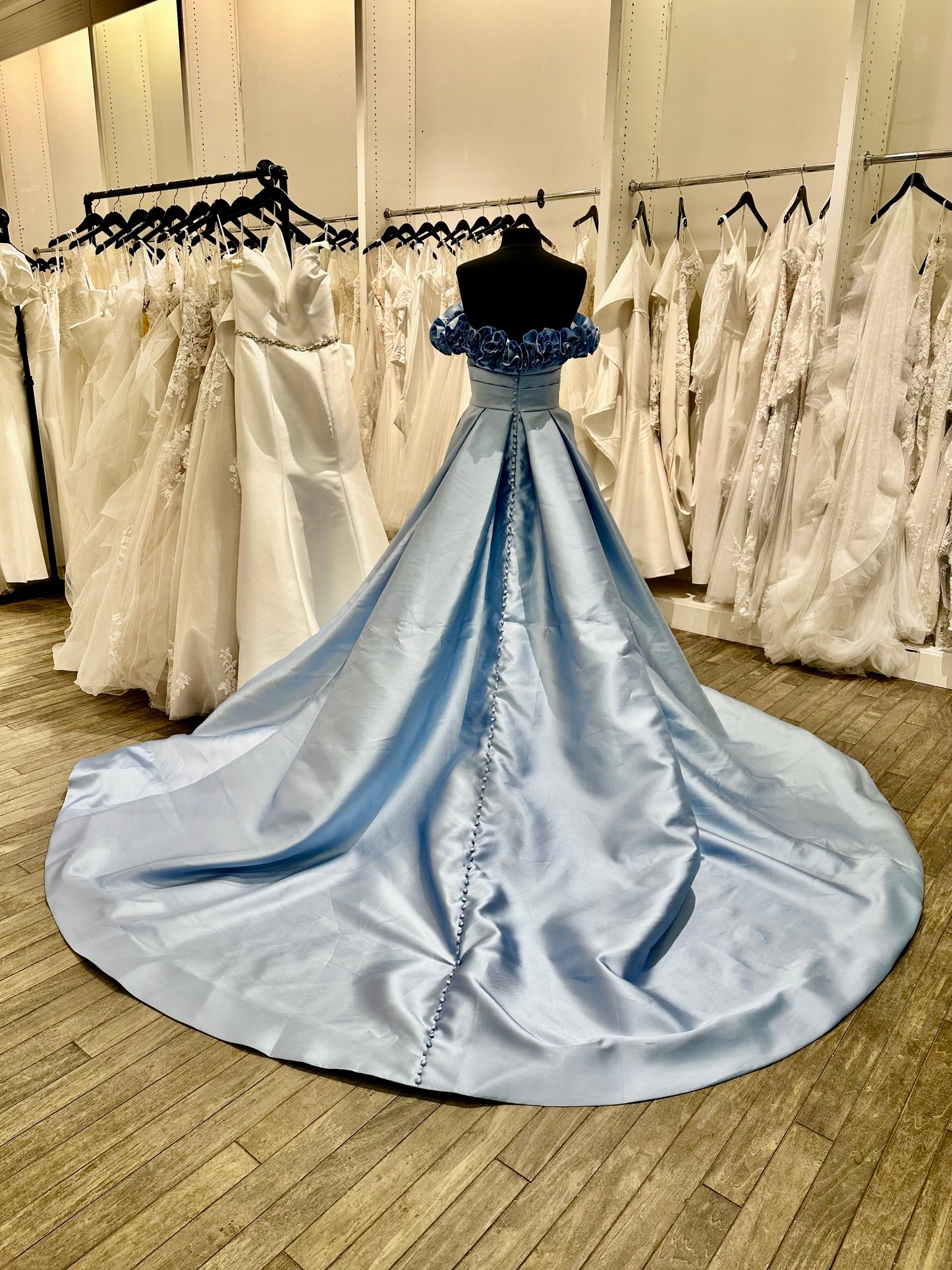 T125 Light Blue Mikado Floral Off Shoulder A-Line Wedding Dress with Box Pleats