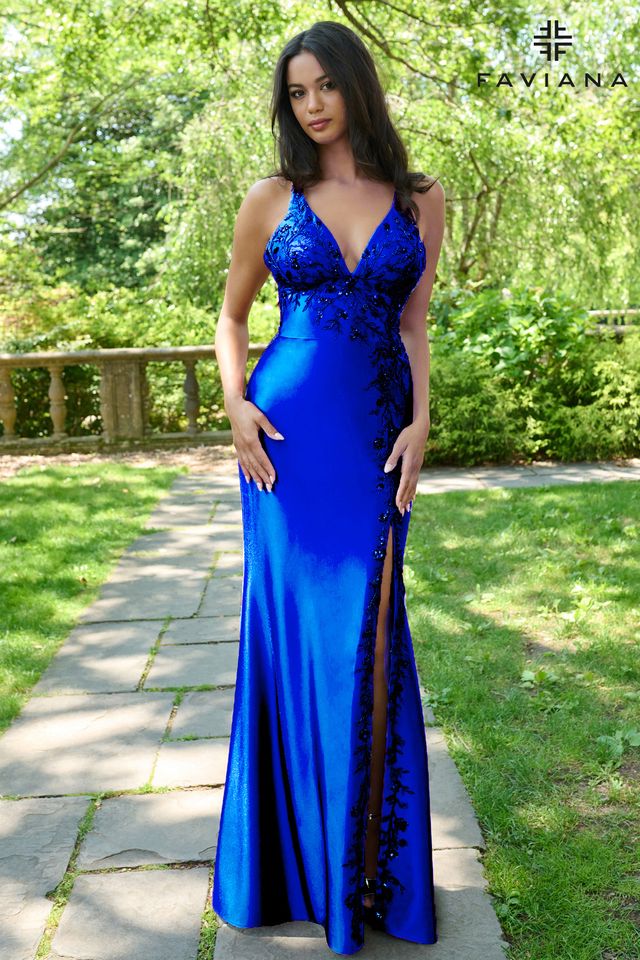 NEW! Faviana Halter Satin Gown With Asymmetrical Beaded Appliqué