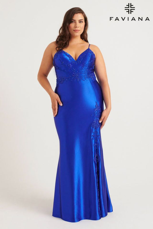 NEW! Faviana Curvy Sleek Satin V-Neck Dress For Prom With Beading