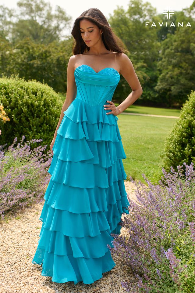 Seaglass Peekaboo Corset Satin And Chiffon Dress With Tiered Ruffled Skirt