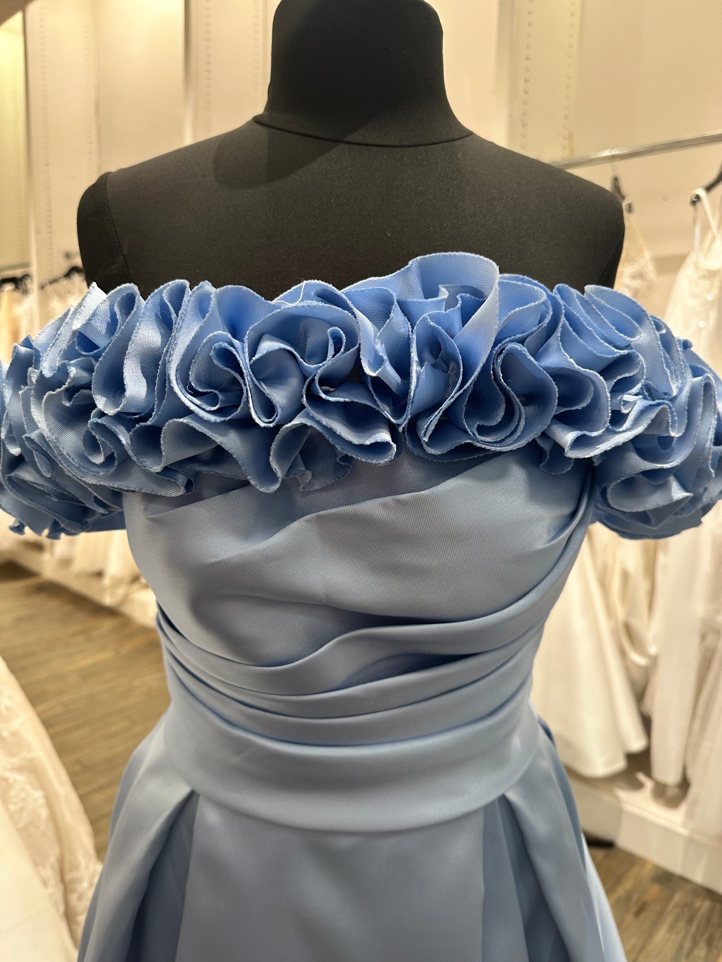 T125 Light Blue Mikado Floral Off Shoulder A-Line Wedding Dress with Box Pleats