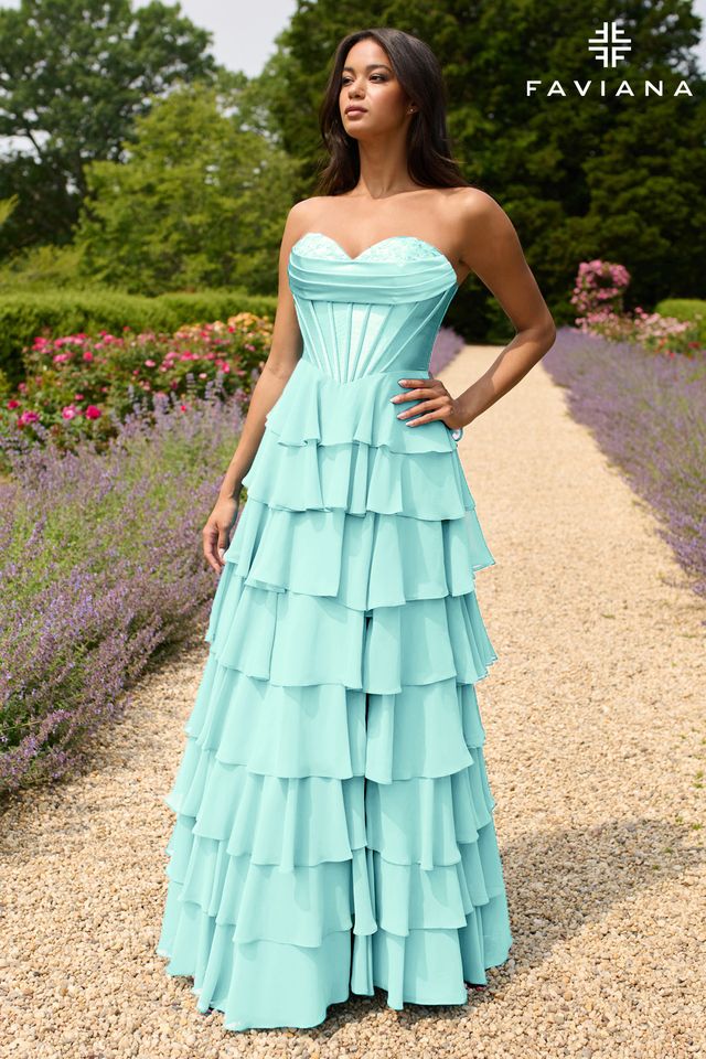 Seaglass Peekaboo Corset Satin And Chiffon Dress With Tiered Ruffled Skirt