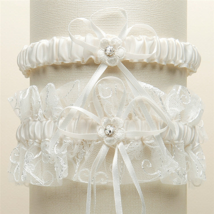 Vintage Wedding Garter Set with Floral Embroidered Tulle - Ivory