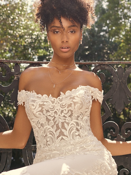 "Edison" Off Shoulder Lace Sheer Bodice Wedding Dress by Maggie Sottero