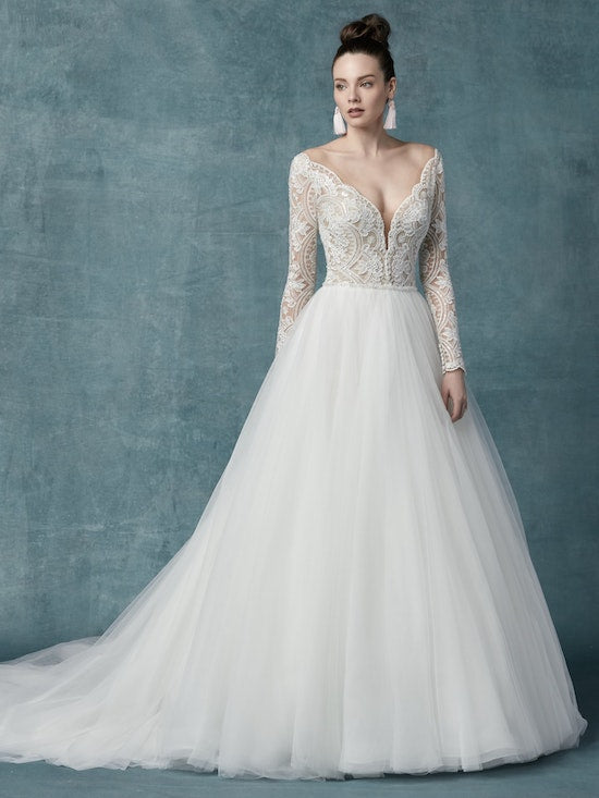 "Mallory Dawn" Long Sleeve Ballgown Illusion Buttons Wedding Dress by Maggie Sottero