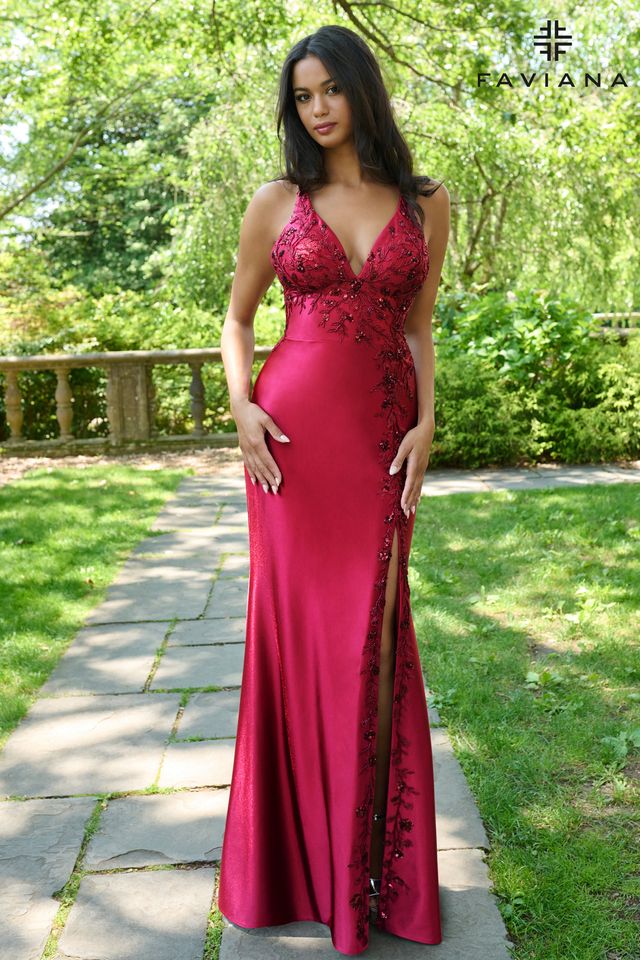 NEW! Faviana Halter Satin Gown With Asymmetrical Beaded Appliqué