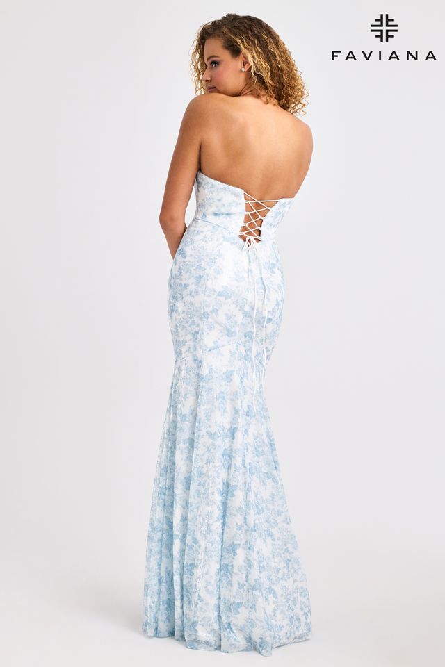 Pointed Bustier Strapless Sequin Dress With Blue And White Floral Print