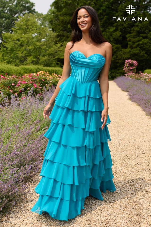 Seaglass Peekaboo Corset Satin And Chiffon Dress With Tiered Ruffled Skirt
