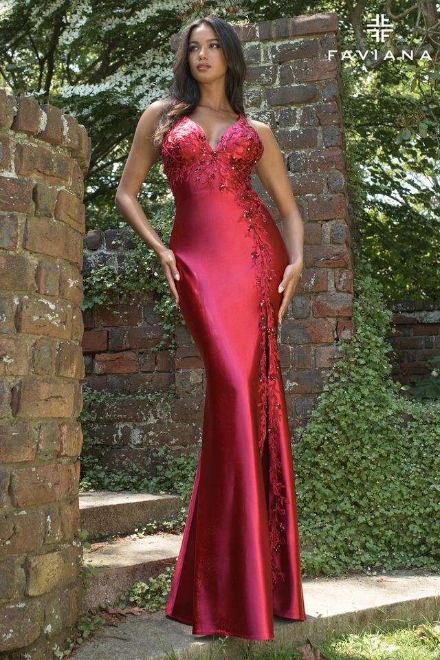 NEW! Faviana Halter Satin Gown With Asymmetrical Beaded Appliqué